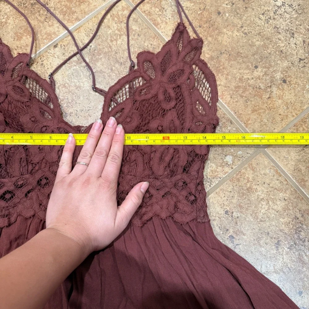 Free People FP One Adella Slip Dress Brown Lace Boho Ruffle Mini Dress Medium M